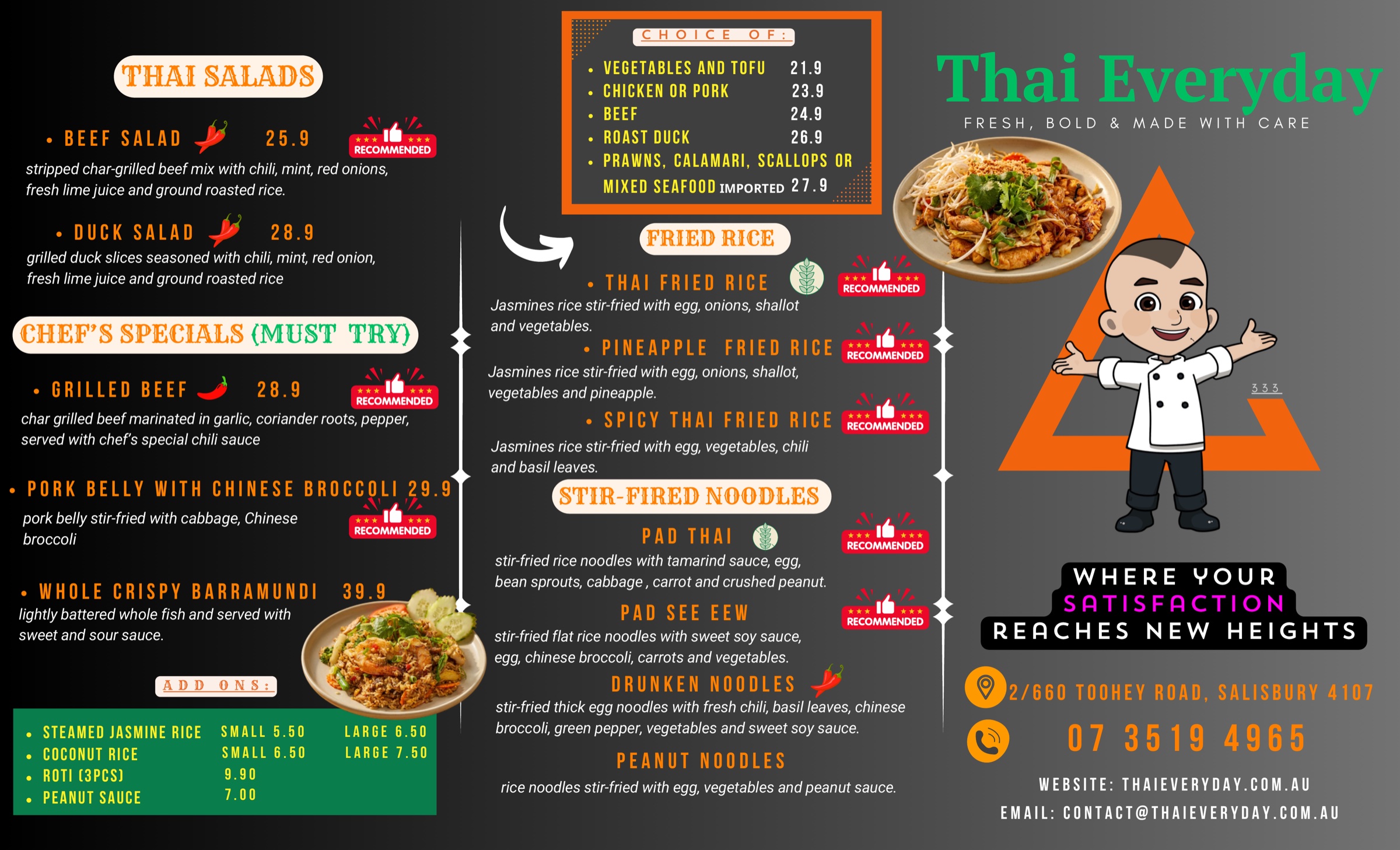 Thai Everyday menu — Thai salads, chef's specials, fried rice, stir-fried noodles, with prices