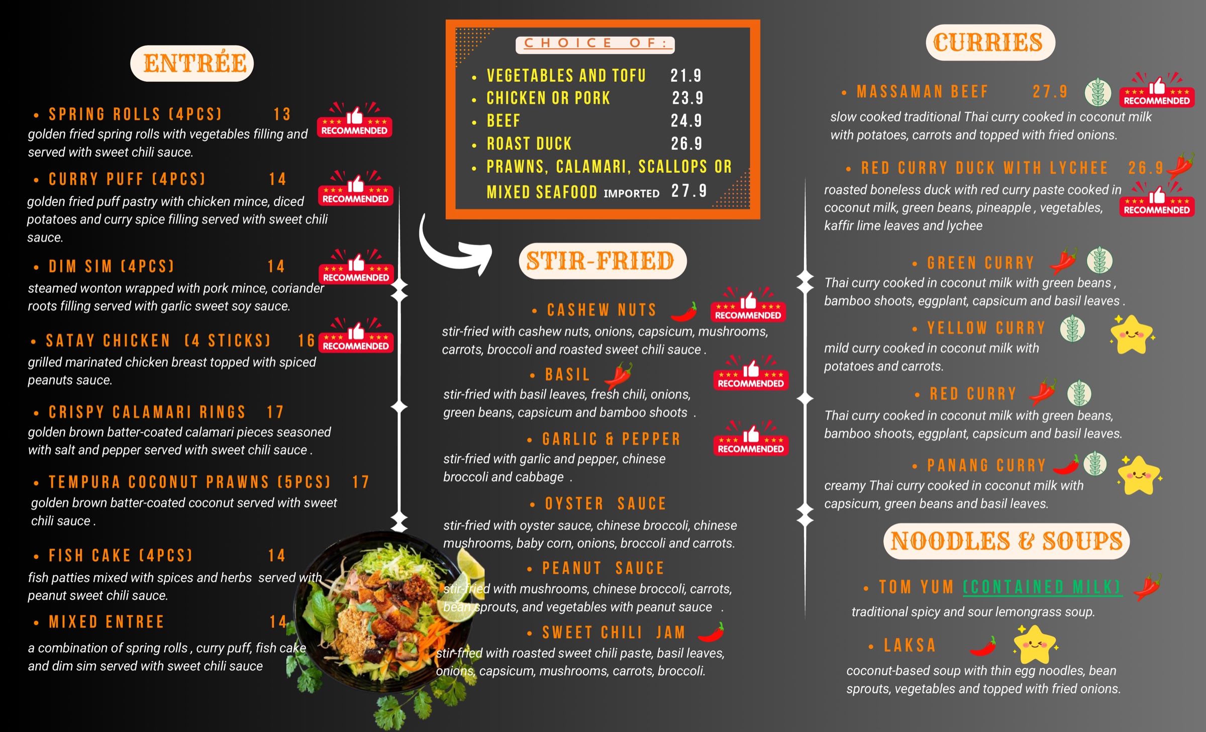 Thai Everyday menu — entrée, curries, stir-fried dishes, noodles and soups, with prices