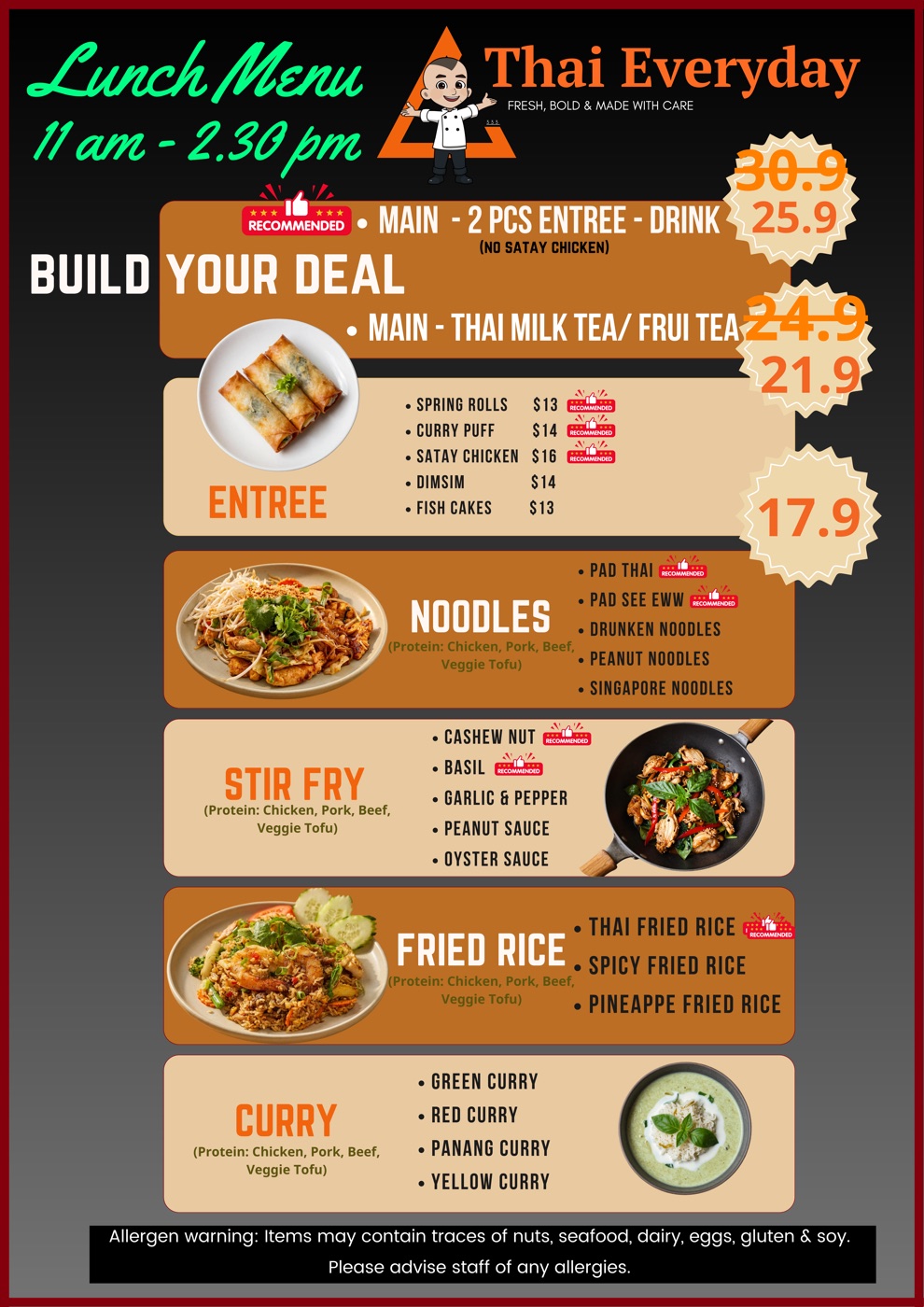 Thai Everyday lunch menu, 11am to 2:30pm, build your own deal combo